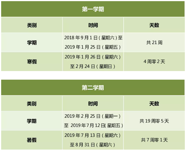 2018-2019学年北京各级各类学校校历 寒暑假